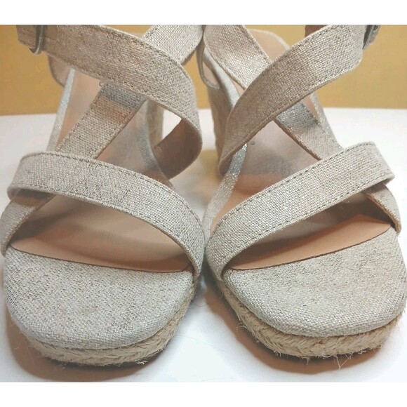Lucky Brand Sandals Sz 8.5 Strappy Espadrille Wedge Heel Natural & Gold Metallic - Picture 6 of 16